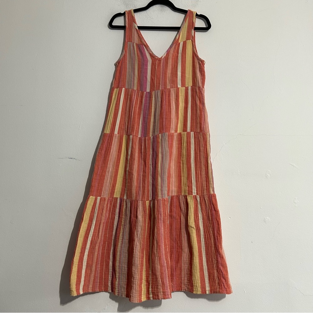 Marine Layer Corinne Striped Tiered Cotton Gauze Maxi Dress Orange Pink Summer